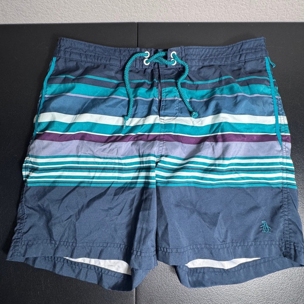 Original Penguin Mens Striped Swim Trunks Blue Teal Purple Board Shorts Size 33